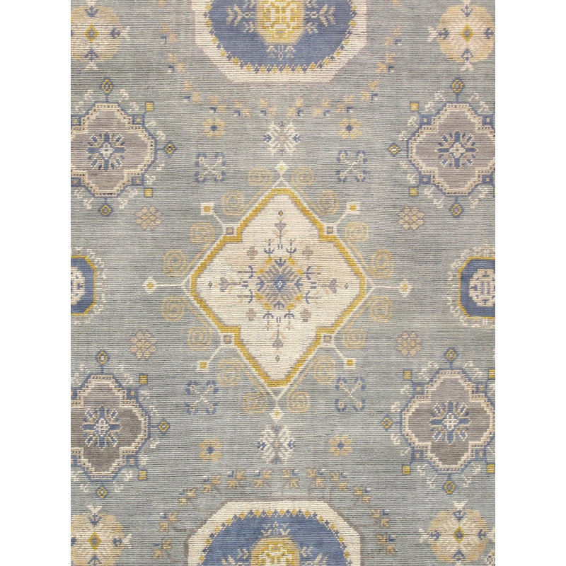 Tapis beige / bleu en laine et en coton noué à la main de style oriental rectangulaire Davon 9 pi 1 po x 12 pi 2 po