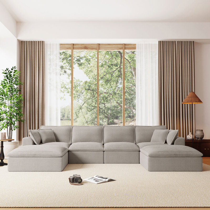 Canapé modulaire entièrement compressé de 142 po x 82 po, en forme de U avec repose-pieds, velours côtelé de luxe avec coussin moelleux en forme de nuage supplémentaire, sans assemblage requis, pour le salon et l’appartement, 2 couleurs