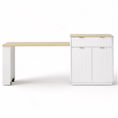 82.6" Fluted Kitchen Island With Extendable Dining Table For 4-6, Island Table For Kitchen With Power Outlet, Kitchen Table With Double-Side Storage, 2 Drawers 2 Side Open Shelves, White