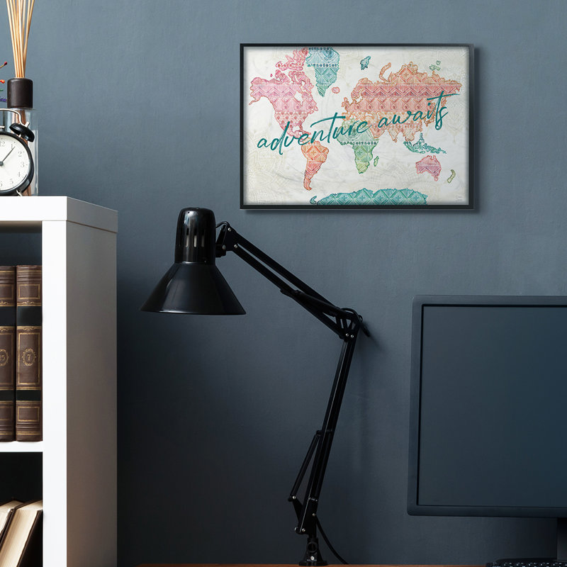 «Adventure Awaits Expression Macrame» Carte du monde, Giclée encadrée noir minuit, H 16 po x l 20 po