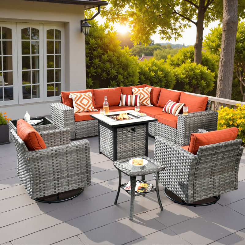Baili 7 - Person Outdoor Wicker/Rattan Sectional Seating Group with Swivel Chairs, Modern Modular Conversation Set with Cushions
