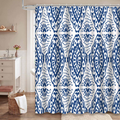 Ikat Seamless Tie Dye Stripes Blue Shower Curtain with 12 Hooks