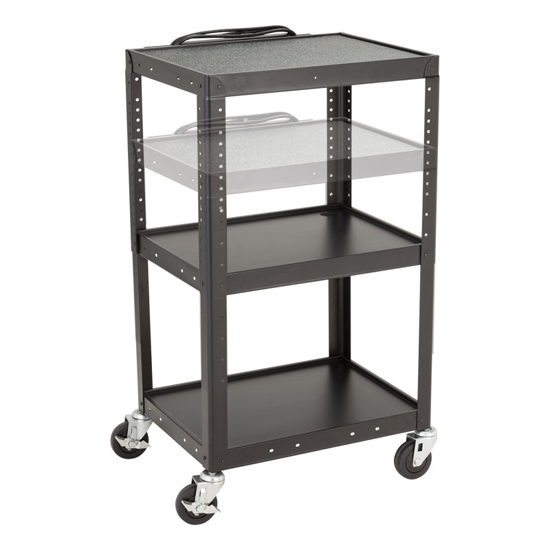 Black Alloy Steel Rolling AV Media Cart with Adjustable Shelves