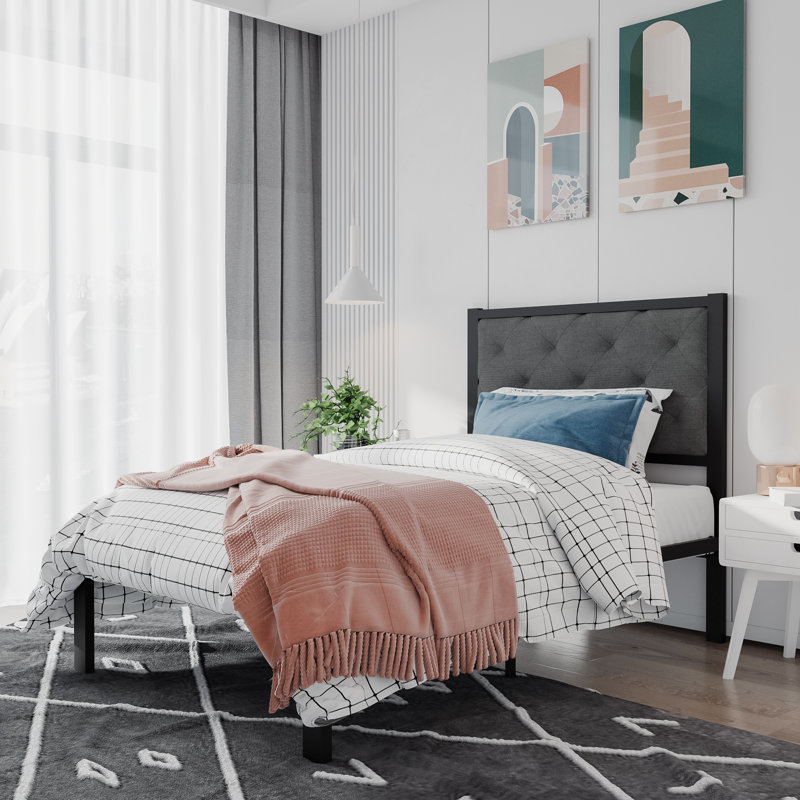 Baca Metal Platform Bed Frame with Upholstered Headboard, Twin, Dark Gray