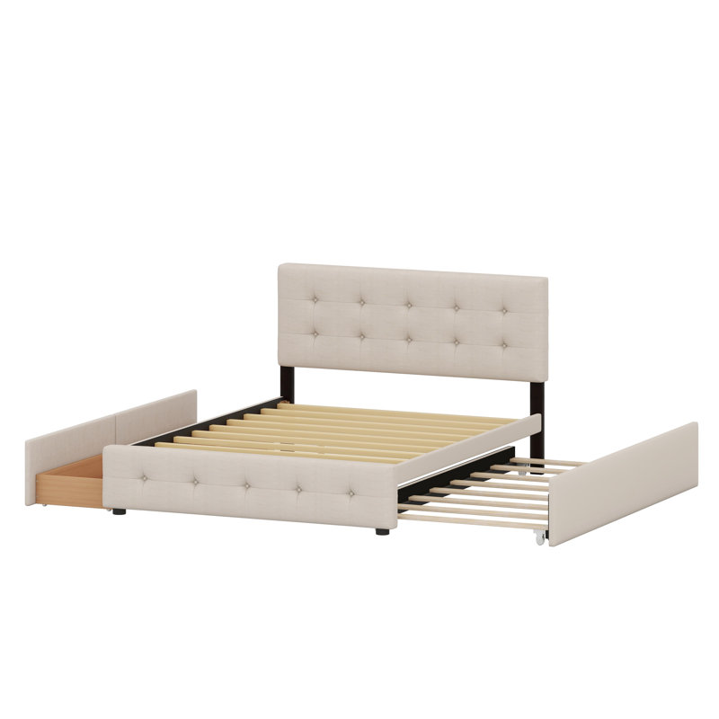 Lit plateforme tapissier moderne avec tiroirs et lit gigogne, Dark Beige
