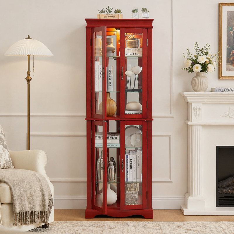 Vitrine lumineuse en verre avec tablettes réglables et éclairage interne, parfaite pour mettre en valeur des objets de collection dans les salons et les cuisines.