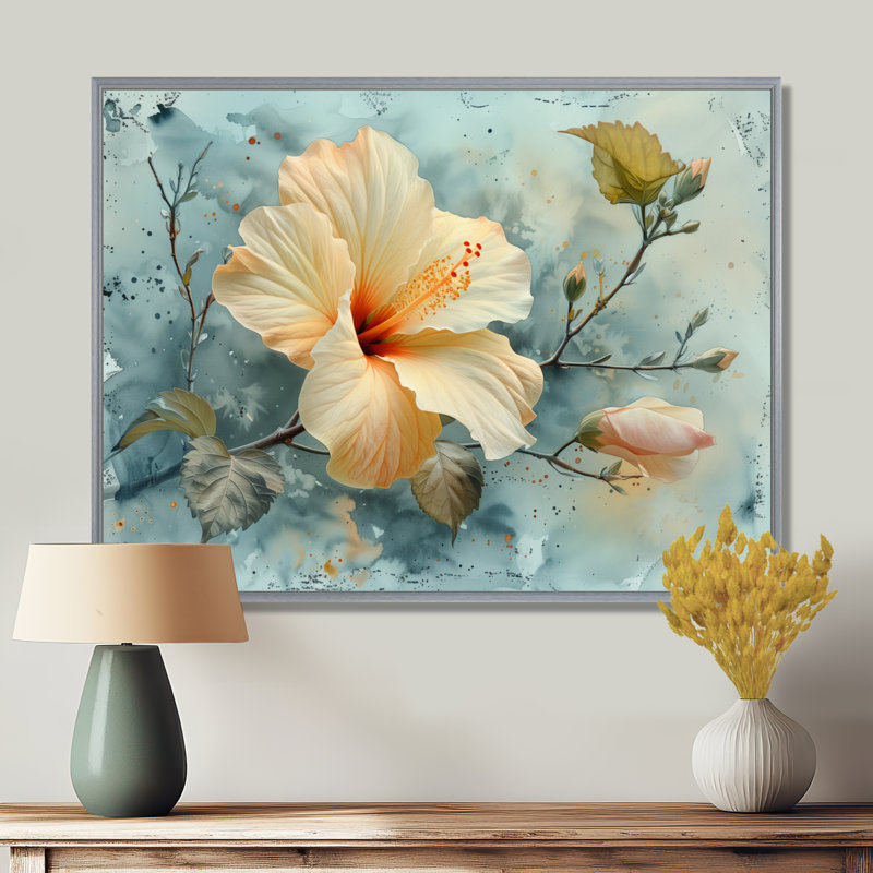 Hibiscus jaune et gris - Hibiscus, Toile avec cadre flottant or, H 12 po x l 20 po x P 1 po