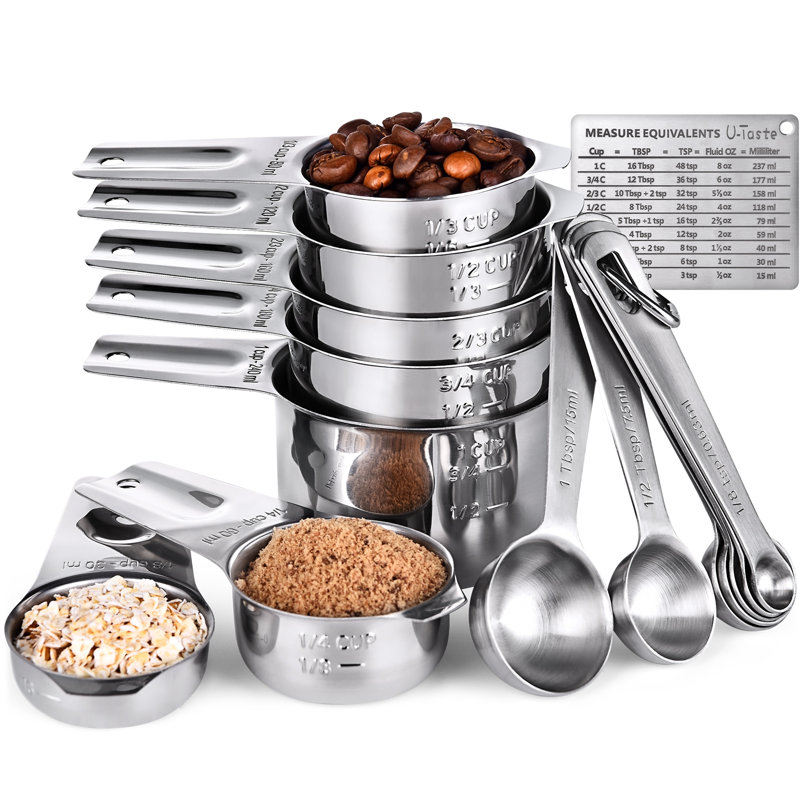 U-Taste 18/8 Stainless Steel Nesting Heavy Duty Metal Measuring Cups And Spoons Set Of 15: 7 Cups And 7 Spoons With 2 D-Rings And 1 Professional Magnetic Measurement Conversion Chart