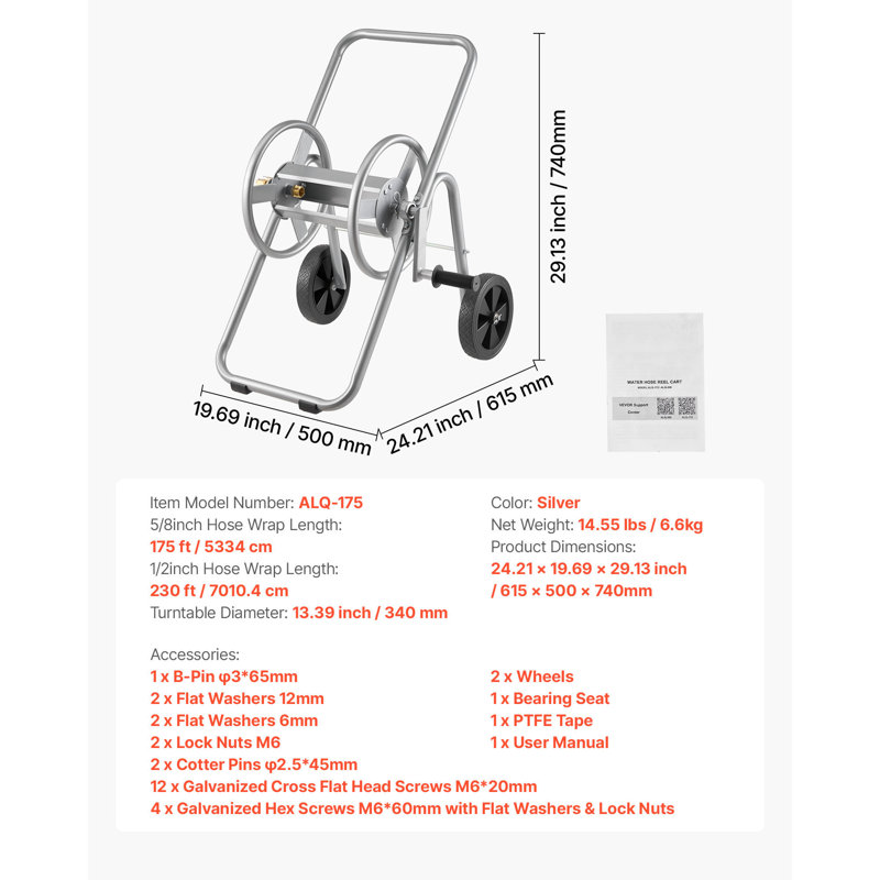 Hose Reel Cart, Hold Up to 175 ft of 5/8’’ Hose (Hose Not Included), Garden Water Hose Carts Mobile Tools with Wheels, Heavy-Duty Powder-coated Steel Outdoor Planting for Garden, Yard, Lawn