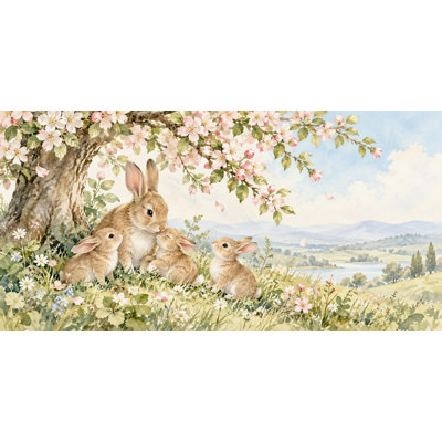 Apple Blossom Family Wallpaper Mural, Peel and Stick Kids Room Wall Mural, Watercolor Bunny Garden Nursery Wallpaper