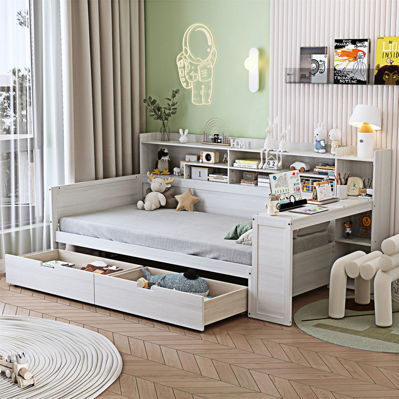 Lit de jour en bois avec rangement et bureau, Simple, Blanc antique