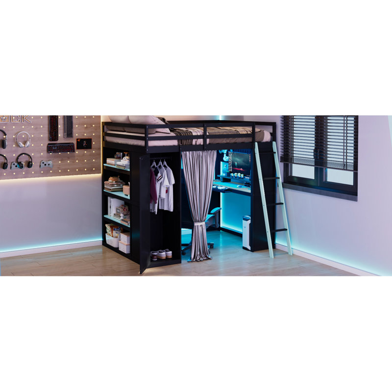 Lit mezzanine en bois avec garde-robe, rideaux à tablettes et lumières RVB, Noir / Bleu