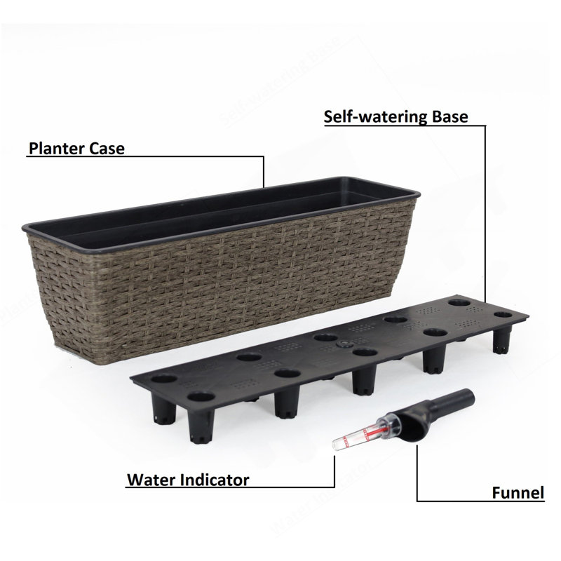 2-Pack Self-Watering Planter - Hand Woven Wicker - Rectangular - Dark Gray