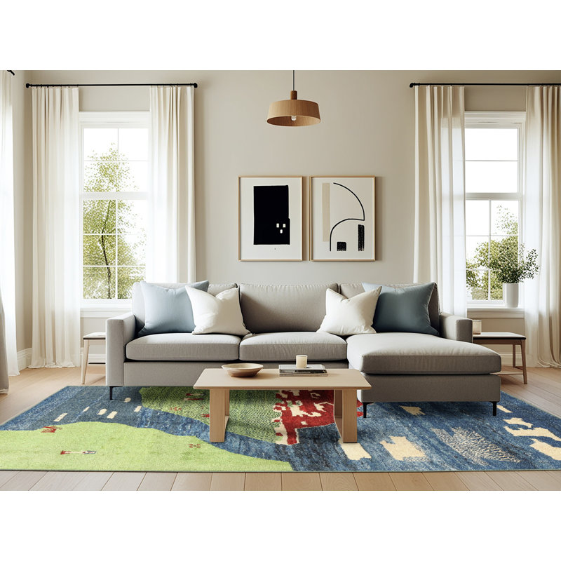 Tapis de zone vert/rouge contemporain Guillotte, Rectangle 6 pi x 9 pi