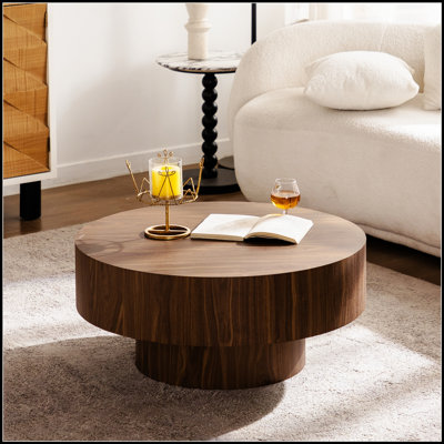 Table basse ronde de couleur noyer de 77,5 cm (30,51 pouces) pour salon, chambre et bureau, avec une structure robuste en MDF.