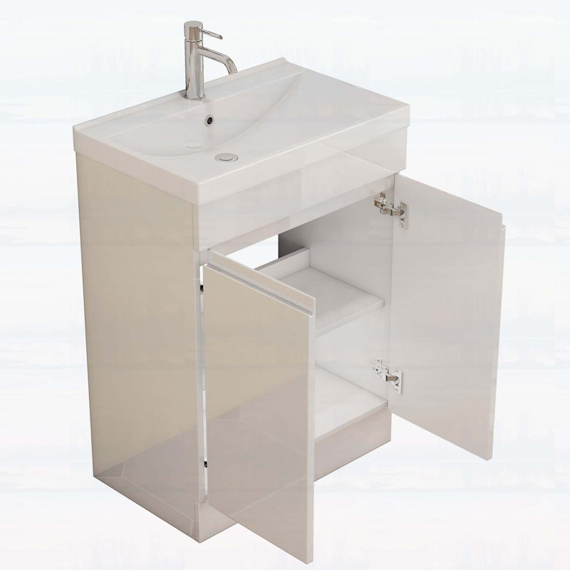Meuble-lavabo de 24 po avec lavabo, conception sans poignée, lavabo en céramique à bords épais, charnières à fermeture en douceur, assemblage facile, finition blanc brillant