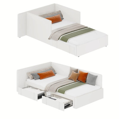 Twin Daybed with Storage Drawers, Velvet Upholstered Corner Sofa Bed Frame with Guardrail and Extended Headboard for Bedroom, Beige