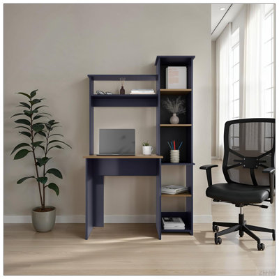 Computer Desk with Hutch and Side Bookshelf, Modern Home Office Desk with Storage Shelves, Kronos Blue and Natural Oak
