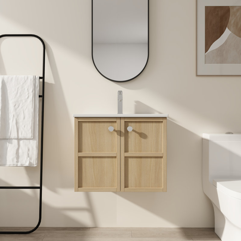 Meuble-lavabo flottant avec lavabo en céramique blanche et deux portes à lattes à fermeture douce, 24"