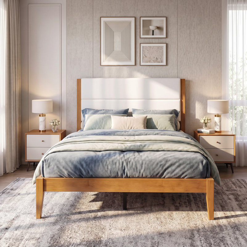 Tête de lit tapissier double Mid-Century moderne, lattes en bois massif, sans sommier tapissier, Brown, Full / Double