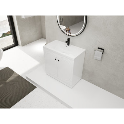 Meuble-lavabo autoportant avec lavabo en résine et 2 portes à fermeture en douceur