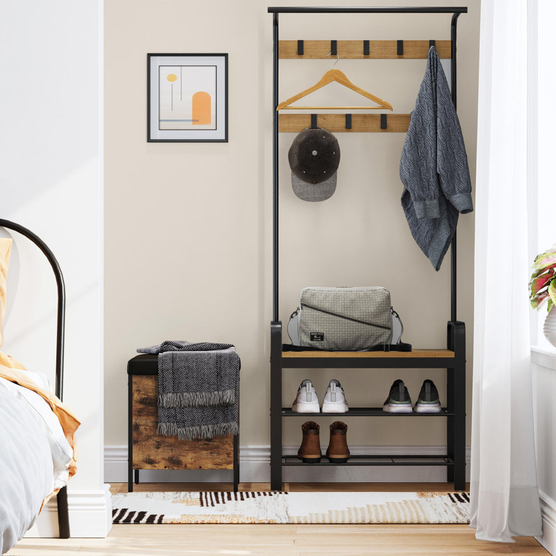 Portemanteau avec banc et rangement pour chaussures, Brun miel / noir