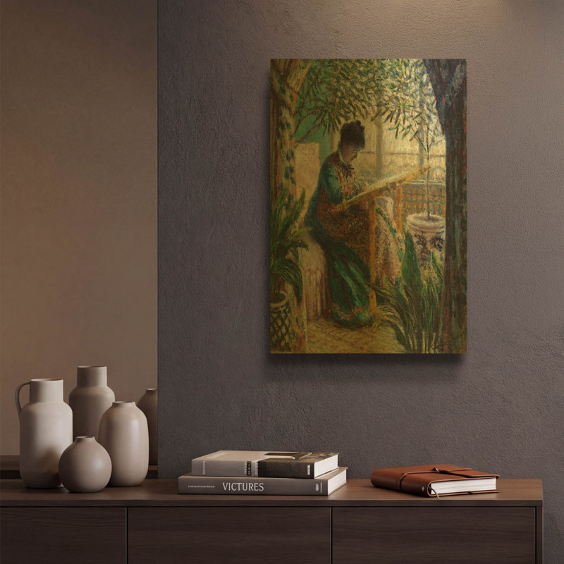 «Madame Monet Embroidering» par Claude Monet, art mural en métal doré, 12 po x 16 po, 12 po x 16 po