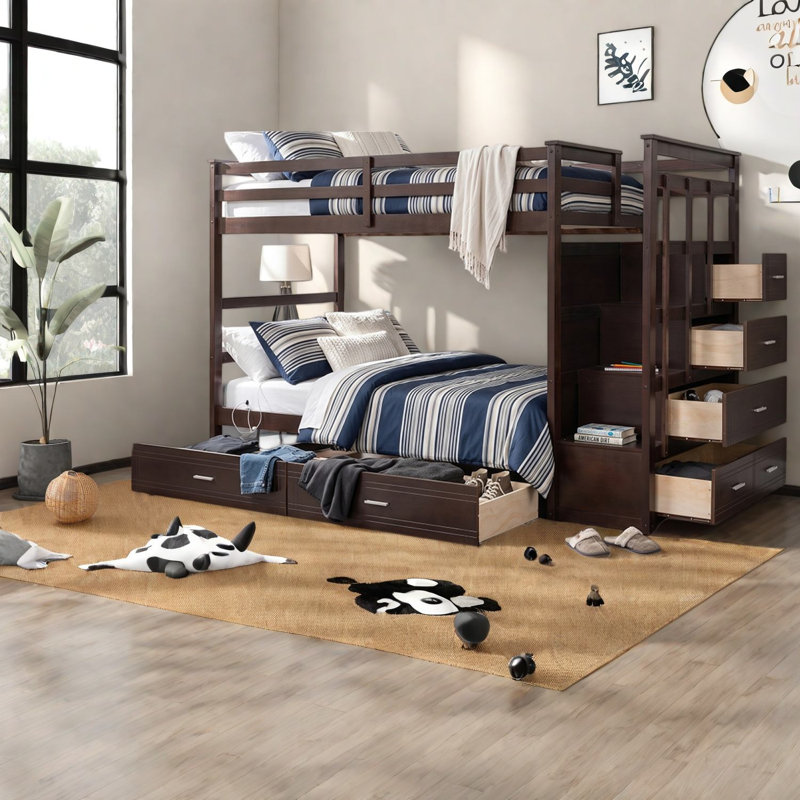 Rangement pour lit superposé simple avec lit superposé en bois massif et espresso