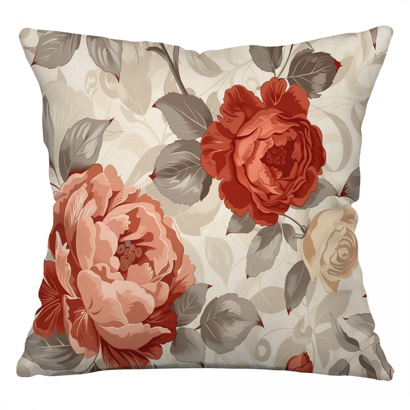 Coussin Floral Roses, H 16 po x l 16 po