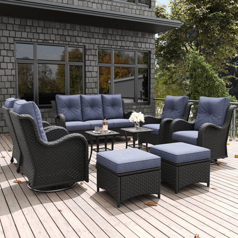 LayinSun 9 Pieces Outdoor Patio Furniture Set With Sofa And Ottoman, Navy, Black