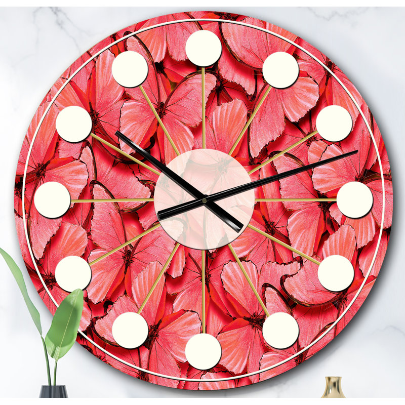 Corail - papillons roses - horloge murale moderne Mid-Century, Surdimensionné