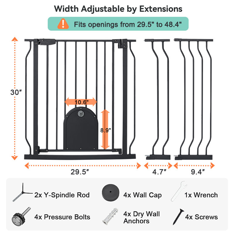 29.5-48.4" Walk-Thru Safety Gate with Adjustable Cat Door, Black
