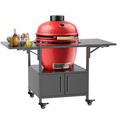Table de barbecue d'extérieur pour barbecue Big Egg, chariot de barbecue en métal avec 2 panneaux pliants, compatible avec un grand œuf vert, Kamado Joe Jr