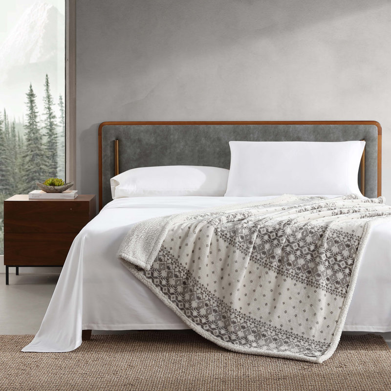Eddie Bauer Printed Plush Fleece/Sherpa Throw Blankets, Fair Isle Peak Ivory