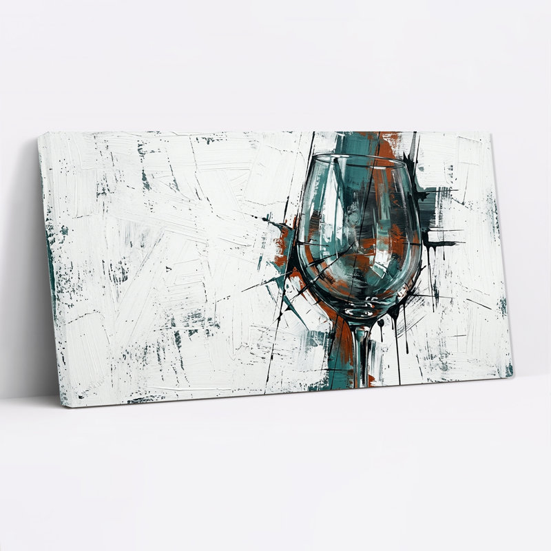 Tableau mural sur toile texturée représentant un verre à vin bleu sarcelle et rouille, L 46 po x H 24 po