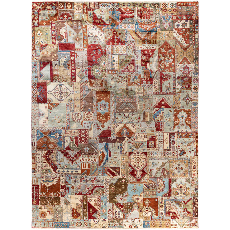 Tapis noué à la main de conception unique multicolore Molina, 9 pi 0 po x 12 pi 0 po