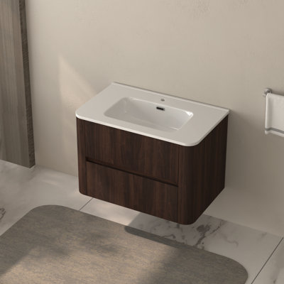 Meuble-lavabo mural flottant 30 po avec lavabo intégré, deux tiroirs, finition noyer foncé, construction, rangement spacieux, installation rapide pour les petits tiroirs de salle de bain et lavabo en céramique blanche