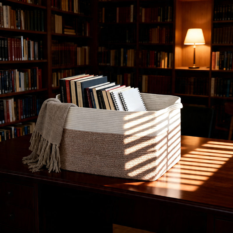 Très grand panier à couvertures en corde de coton, 1 (blanc brun)