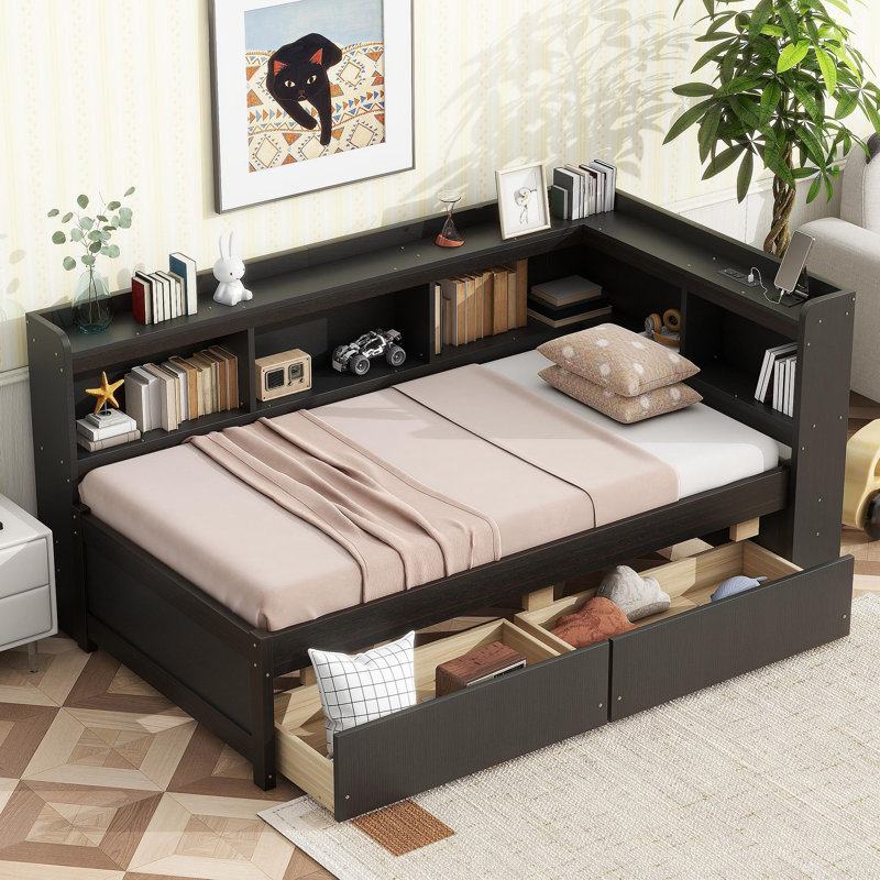 Lit simple en forme de L avec bibliothèques avec prises de courant, ports de chargement USB, deux tiroirs, espresso