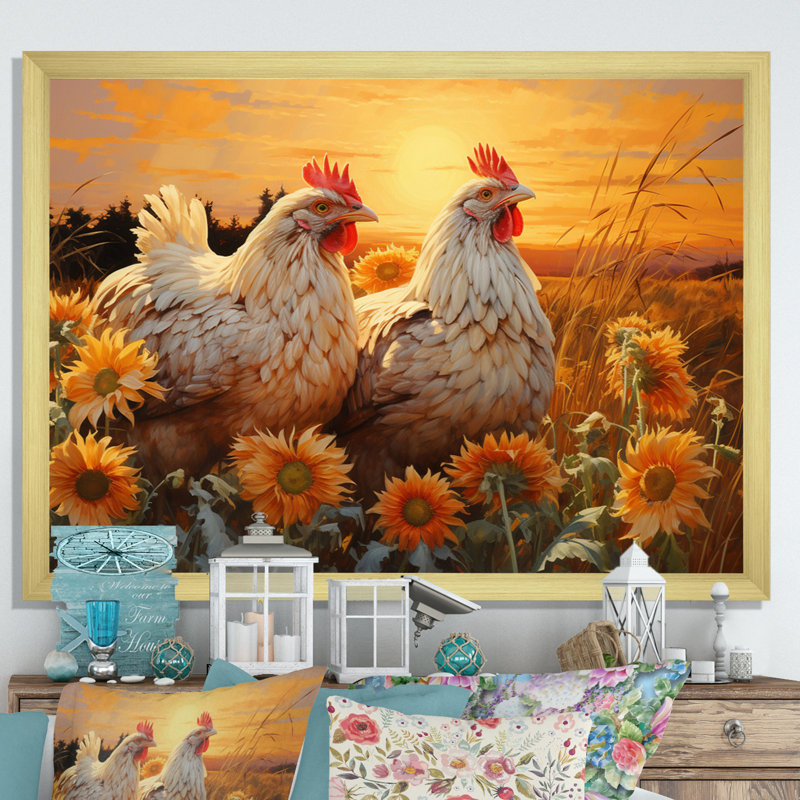 " Loving Chicken At Sunset ", Gold Picture Framed, 34" H x 44" W x 1.5" D