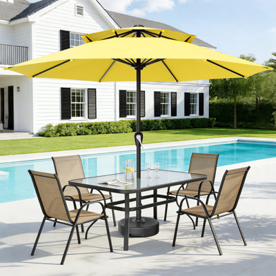 Parasol de patio à 2 niveaux 12 pi, protection UV UPF 50+, manivelle, 8 baleines, parasol de marché extérieur pour jardin, piscine, cour arrière, jaune