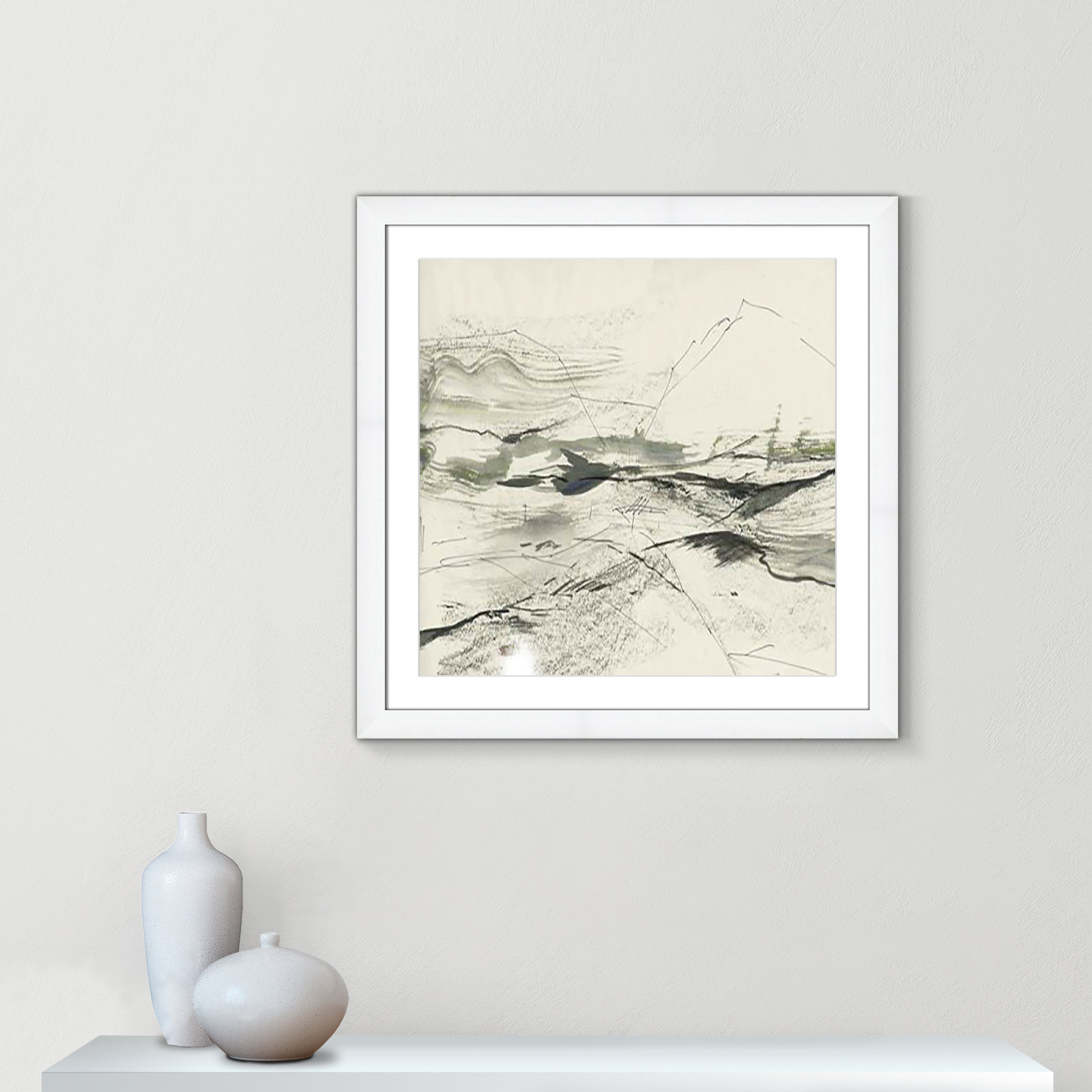 Green Sketches Print, 29" H x 29" W x 1.25" D, White Cube Framed