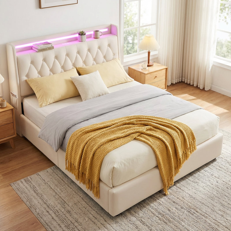 Full Size Beige Upholstered Bed with Tufted Headboard, 2 Storage Drawers & LED Lights, Full, Beige