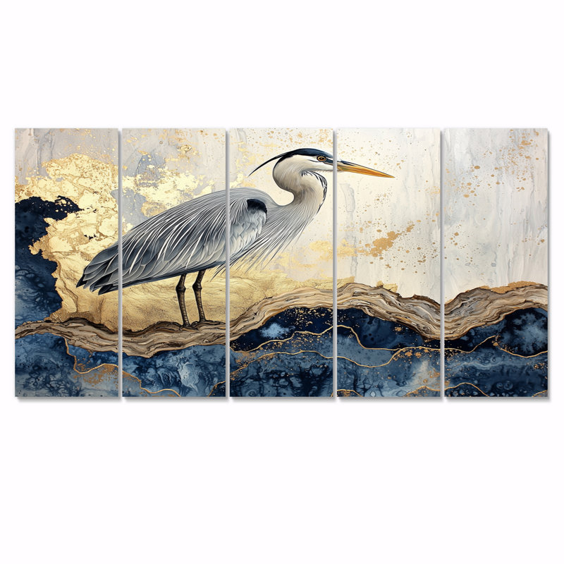 Marbre héron à l'encre de Chine dorée paysage III - héron, décoration murale animal - art mural moderne, H 32 po x l 80 po, 5