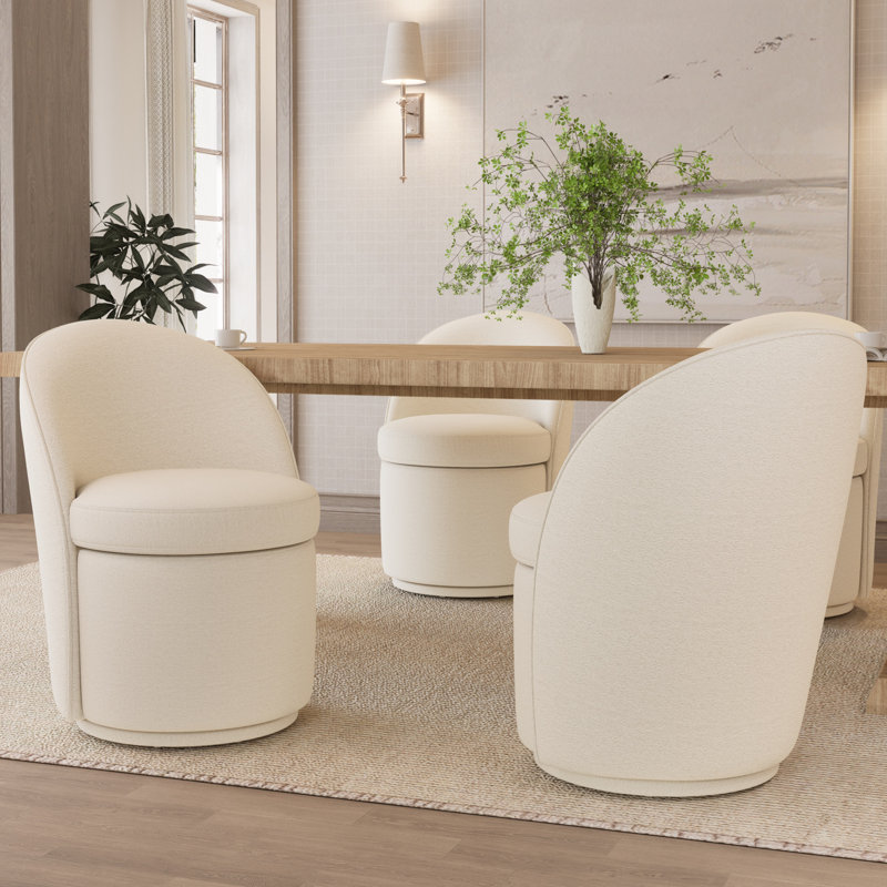 Upholstered Barrel Dining Chairs, Boucle Fabric Swivel Kitchen Chairs, Wingback Side Chairs, Armless Vanity Chairs, White