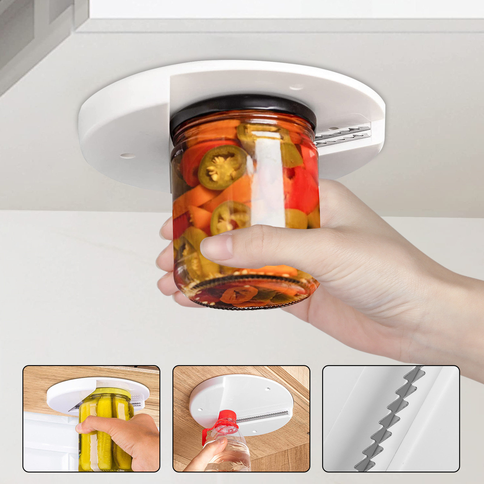 EZ Off Jar Opener - Under Cabinet Jar Lid & Bottle Opener - Opens Any Size  Jar