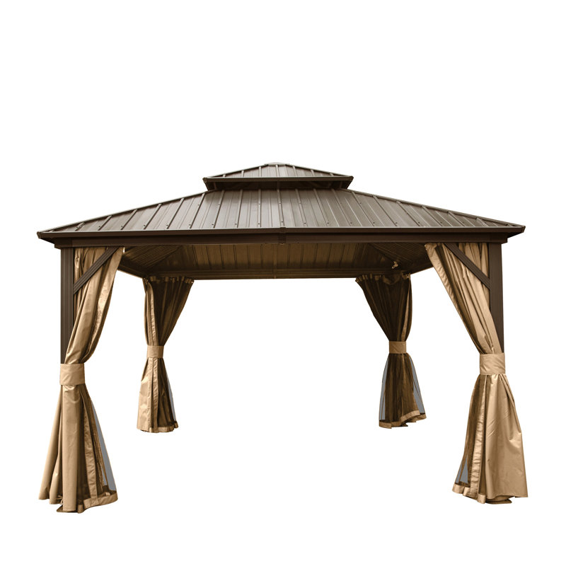 Hardtop Gazebo, Aluminum Metal Gazebo With Galvanized Steel Double Roof Canopy, Curtain And Netting, Permanent Gazebo Pavilion