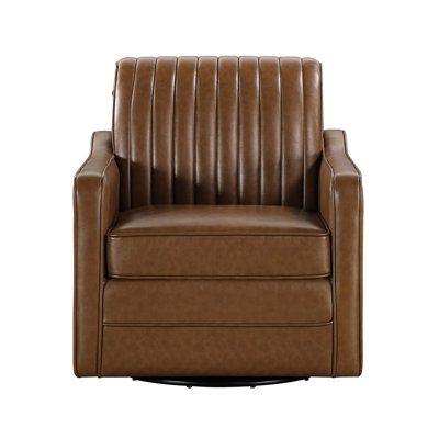 Modern Brown Swivel Chair - Breathable Faux Leather, Metal Base, Channel Stitched Back, Living Room Furniture Luxury With Back Support Leather Upholstery, Solid Wood & Plywood Frame, Seating