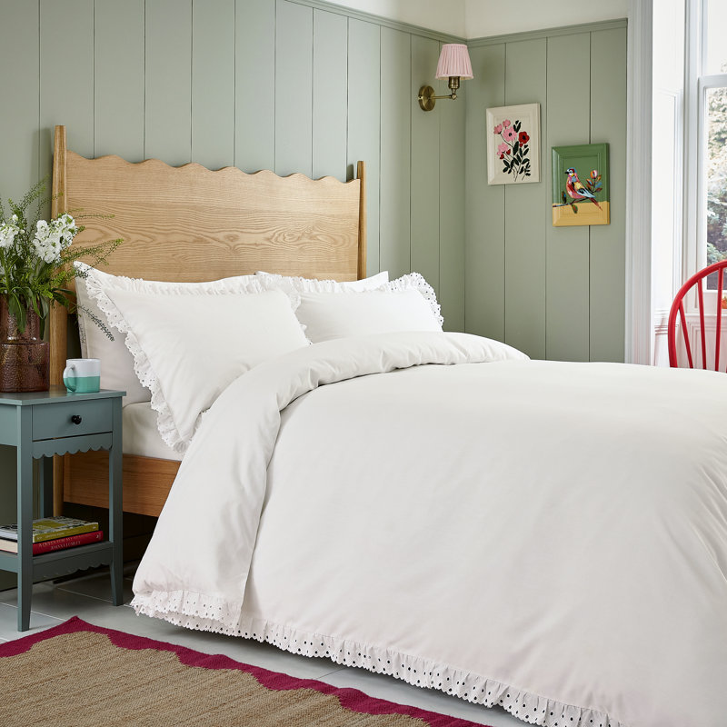 Clara Embroidered Frill Cotton Duvet Cover Set, Kingsize Duvet Cover Set + 2 Pillowcases