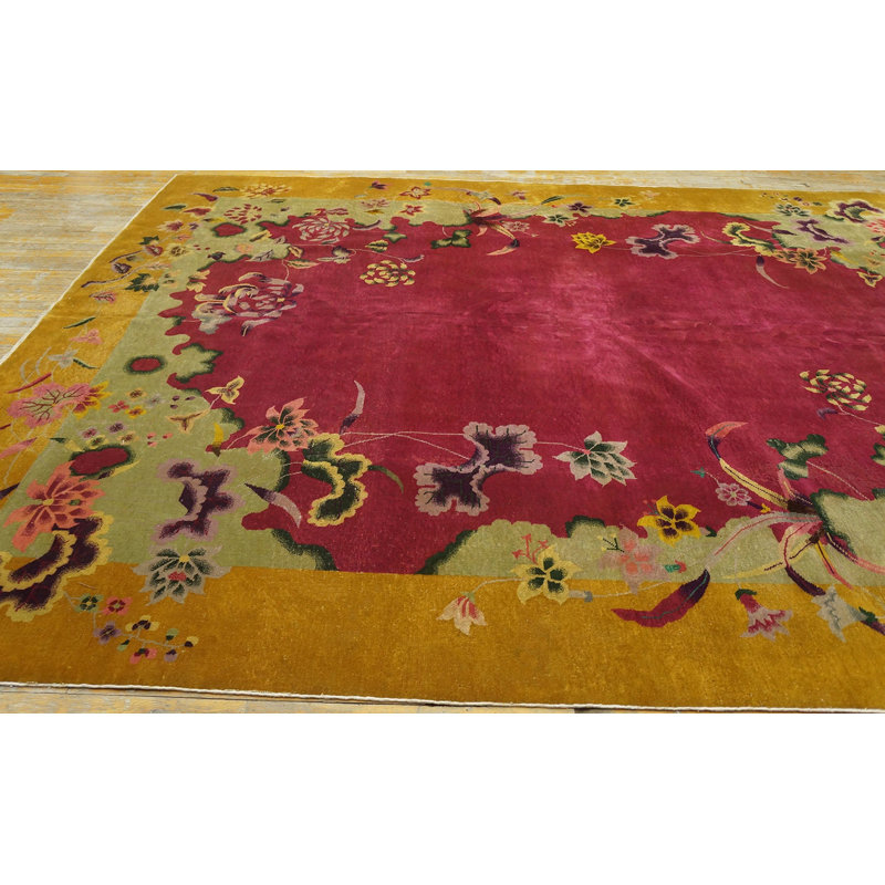 Antique Art Deco Room Size Wool Fuschia, Yellow / Gold / Orange Rug